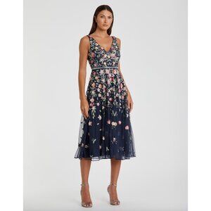 Mac Duggal 5527 V-neck Sleeveless Midi Floral Beaded A-line Dress Midnight Sz 16